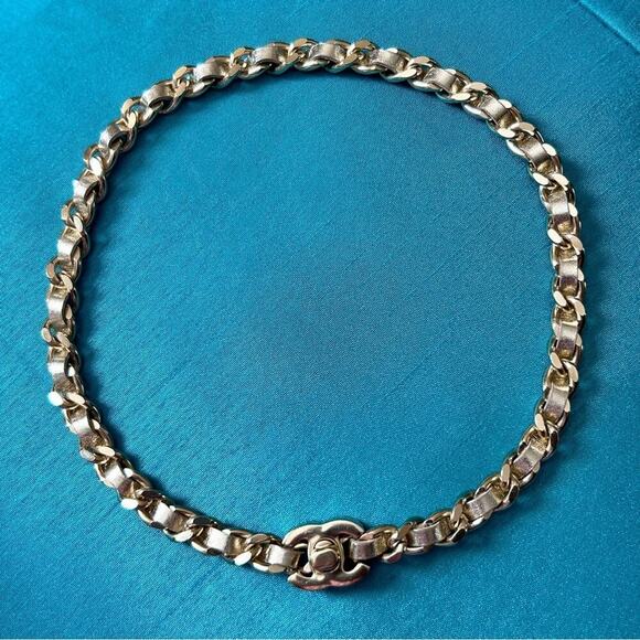 Chanel Leather & Chain CC Turn Lock Gold Plated Choker Necklace - Picture 1 of 14